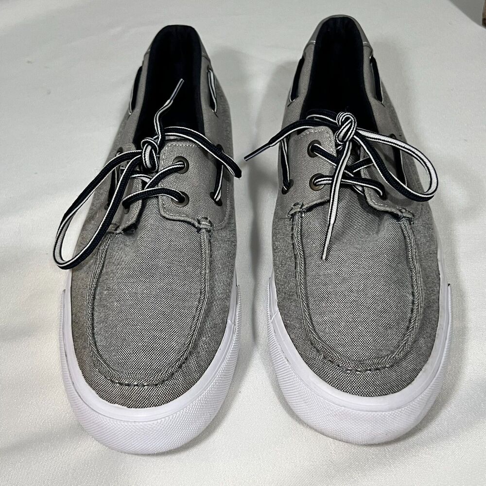 Tommy Hilfiger Boat Shoes Gray Canvas Coastal Prep Nautical Deck Yacht Mens 8.5